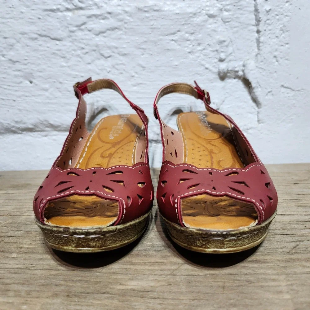 Patrizia by Spring Step Red Wedge‎ Sandals Peep Toe Laser Cut Slingback Women 9